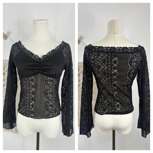 Good Luck Gem Black Sheer Lace Long Sleeve Blouse Womens Large Witchy Gothic - Picture 1 of 9